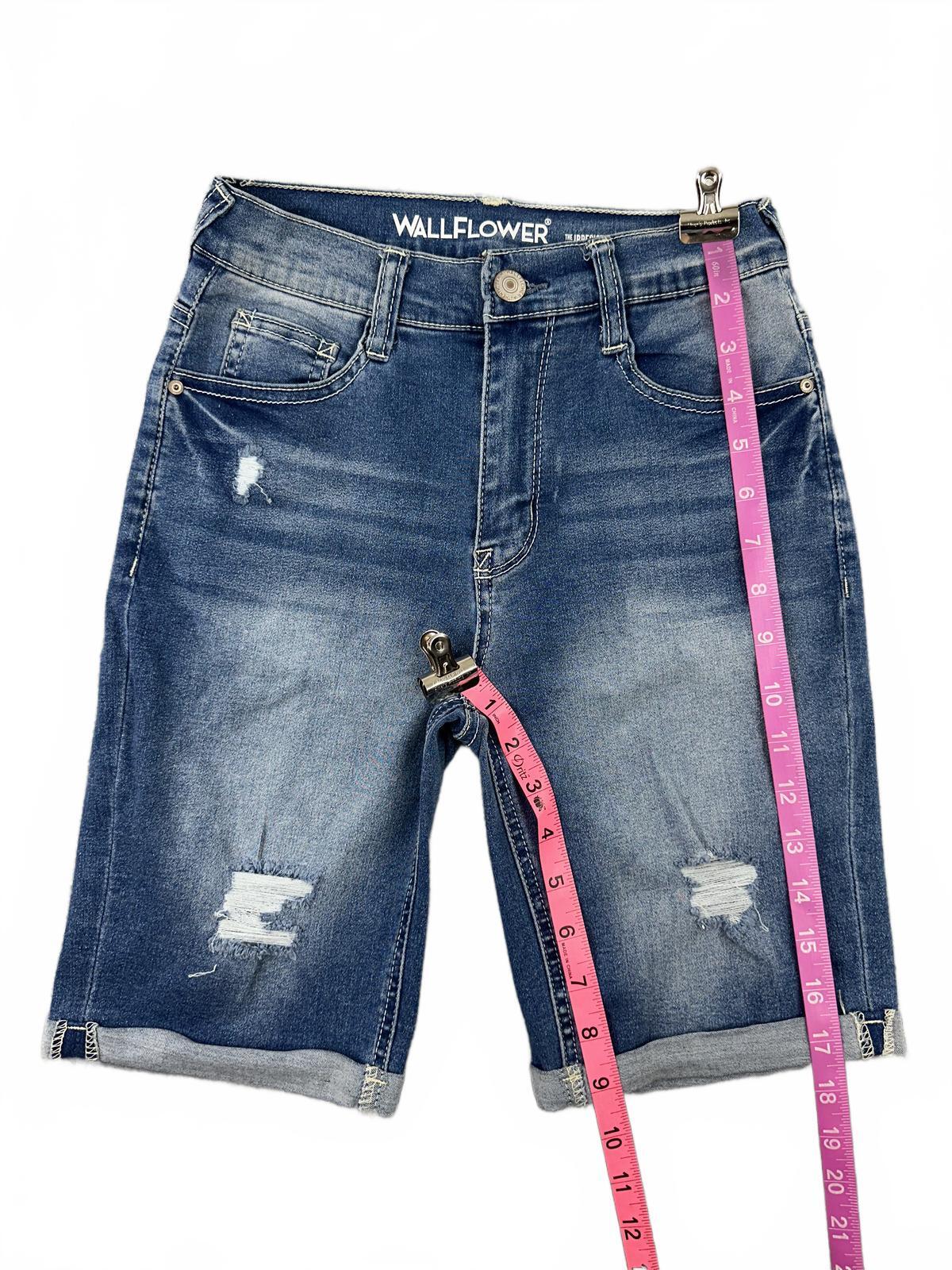 Wallflower Women's High Rise Distressed Denim Shorts Medium Wash