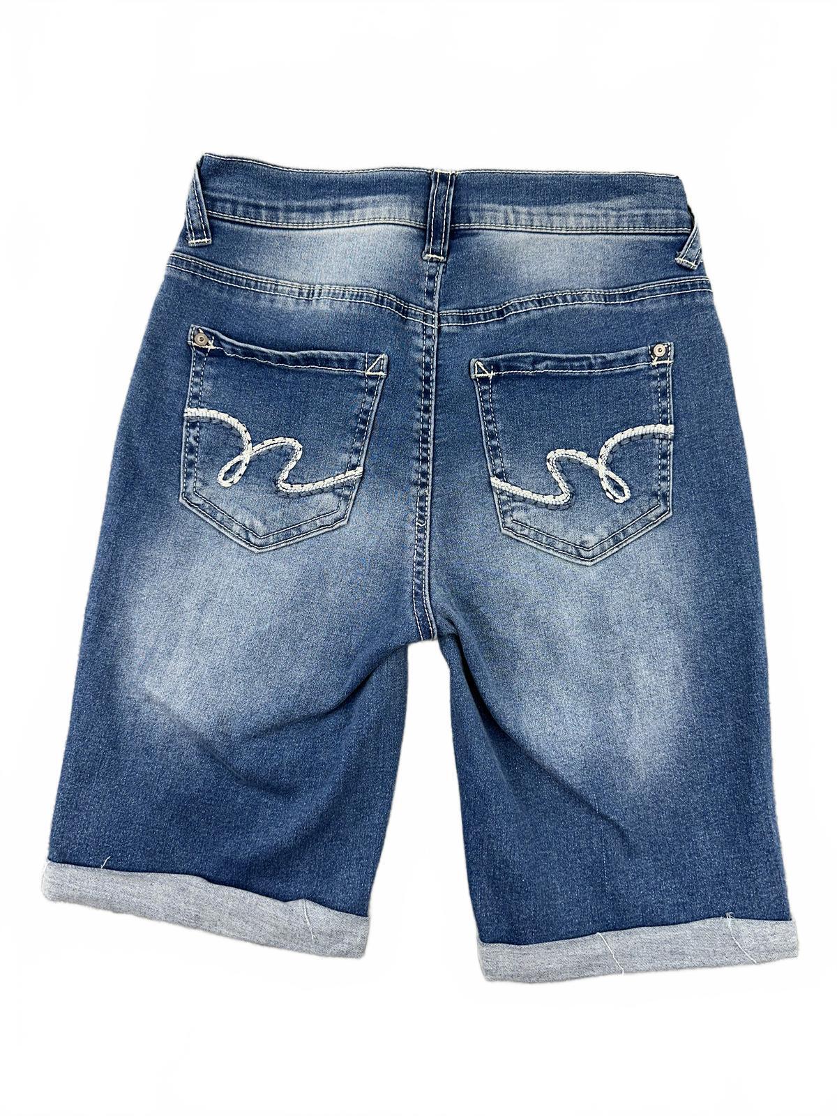 Wallflower Women's High Rise Distressed Denim Shorts Medium Wash