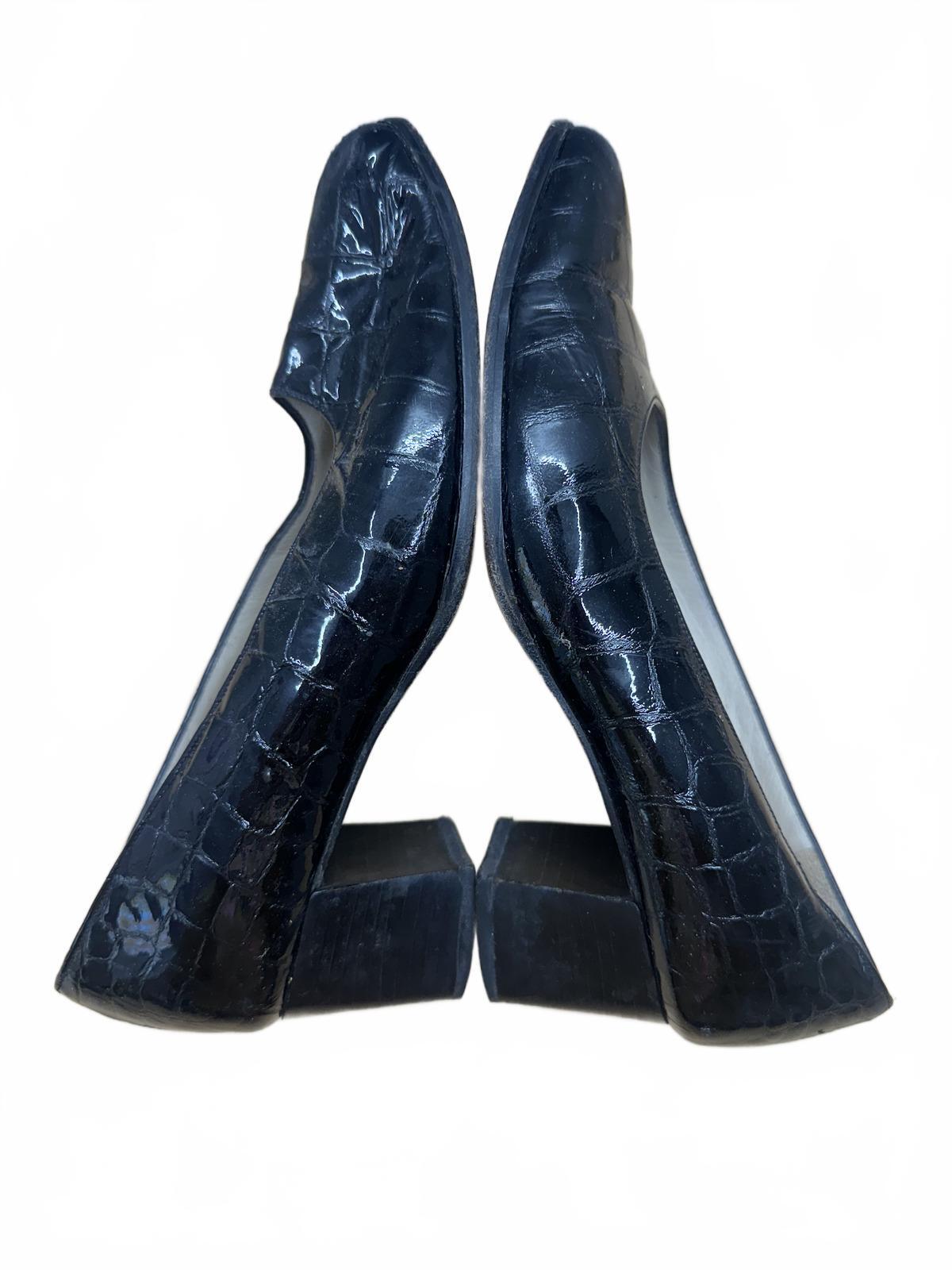 Euro Chic Black Croc Embossed Leather Pumps Vintage Retro Square Toe Block Heel