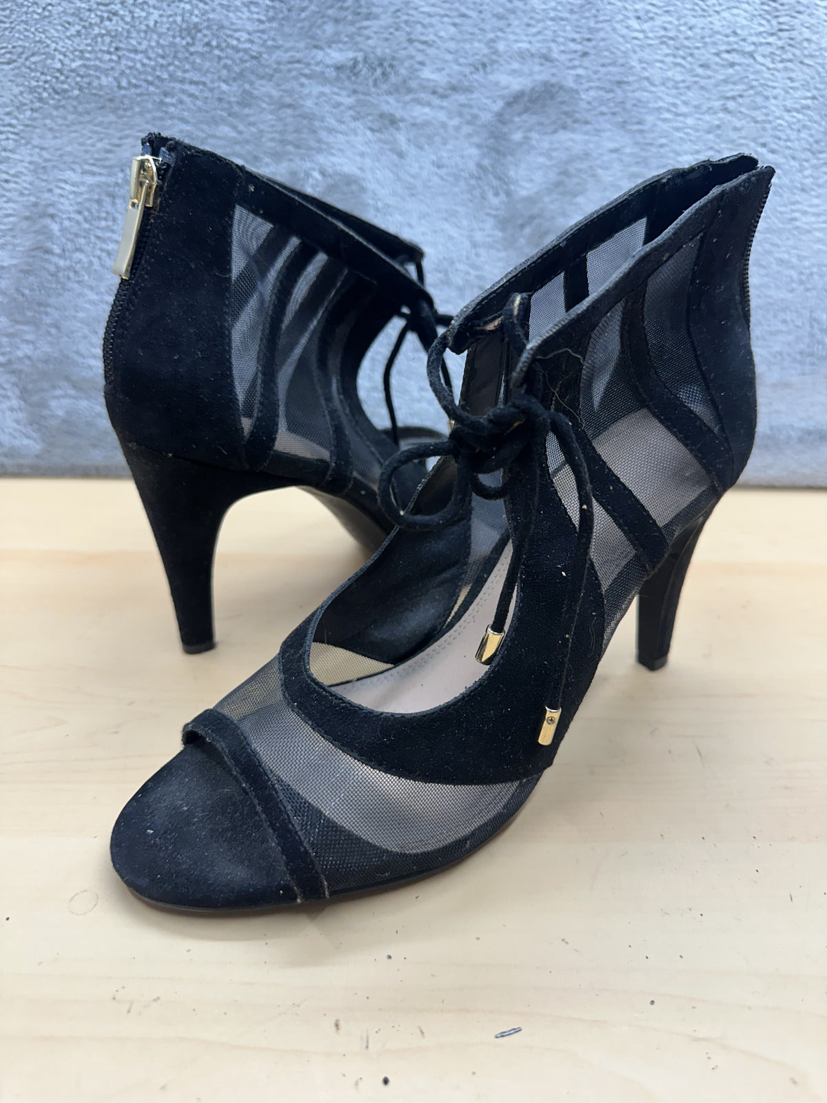 Kelly & Katie Black Mesh and Suede High Heel Sandals