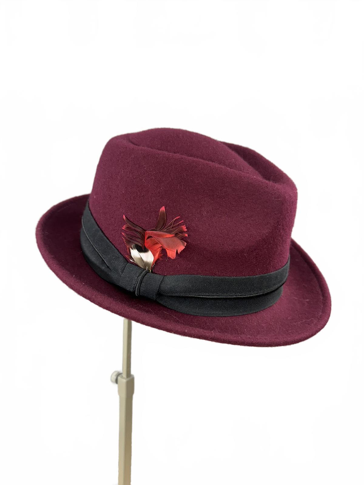 Nine West Burgundy Wool Fedora Hat with Feather Accent