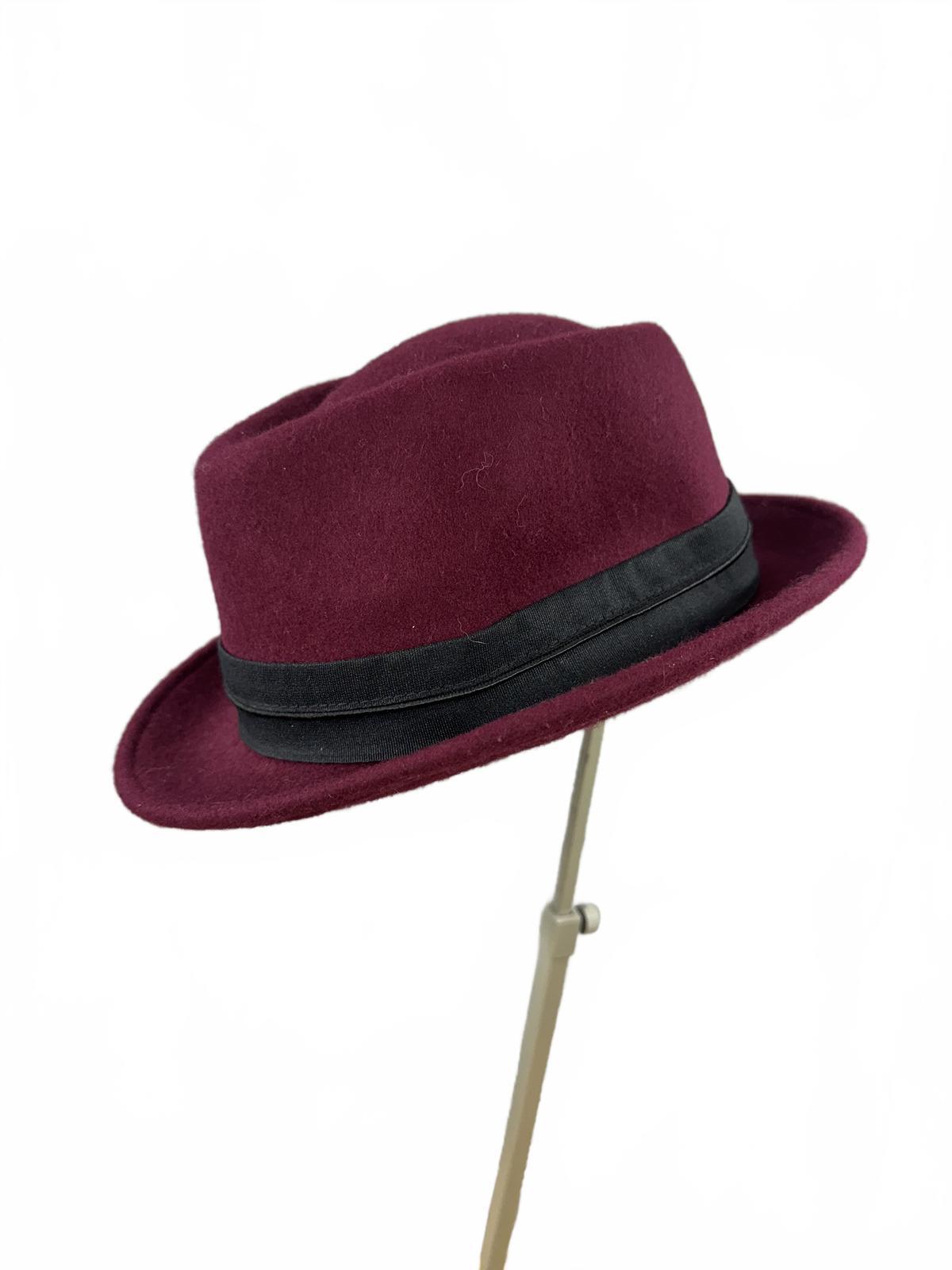 Nine West Burgundy Wool Fedora Hat with Feather Accent