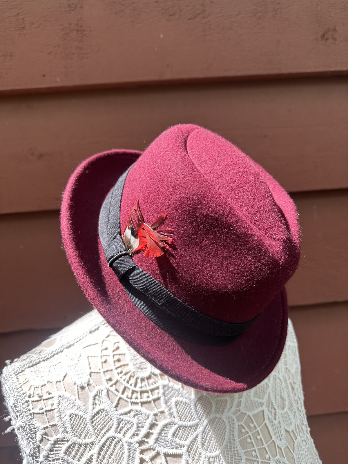 Nine West Burgundy Wool Fedora Hat with Feather Accent