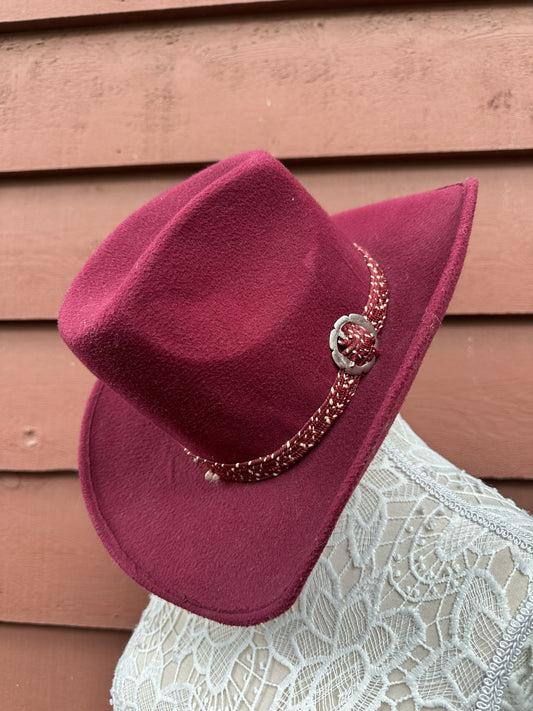 Vintage Burgundy Felt Cowboy Hat with Decorative Band
