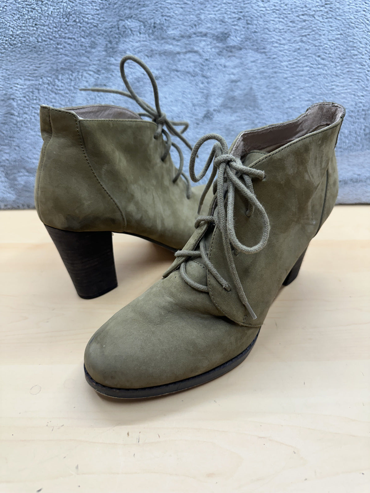 Lands' End Olive Green Suede Ankle Boots with Block Heel and Lace Up Design