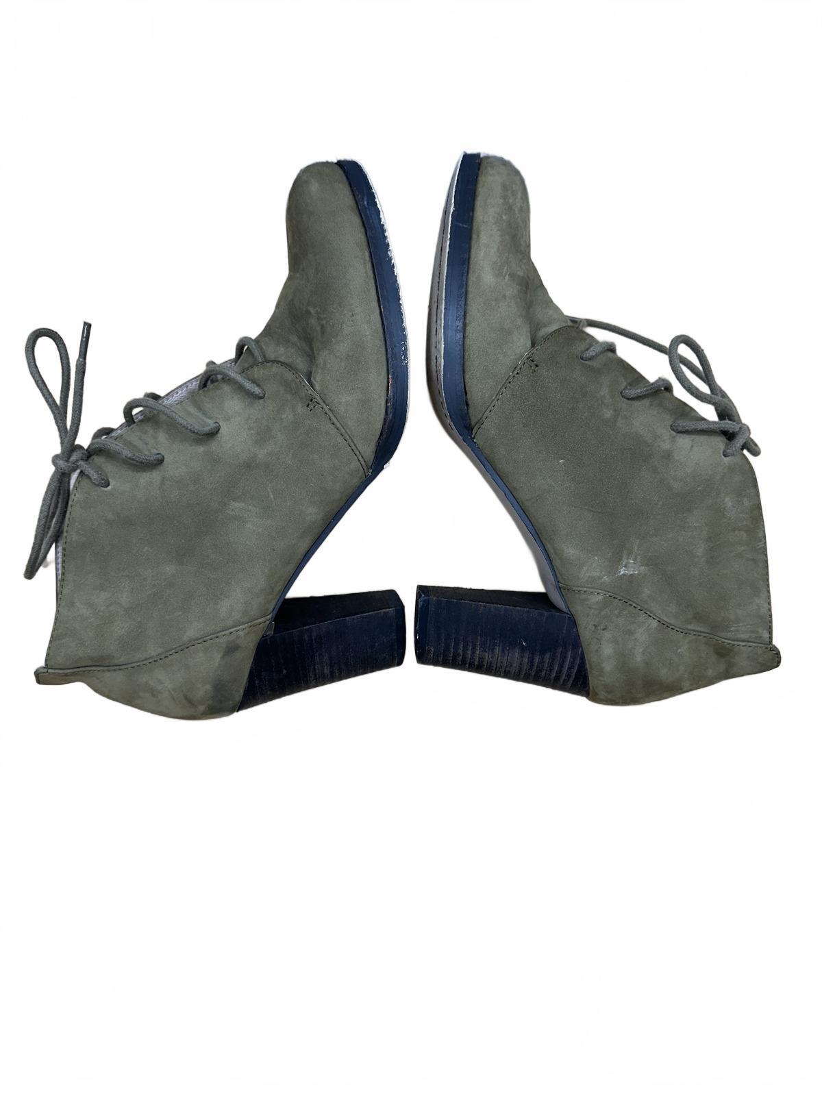 Lands' End Olive Green Suede Ankle Boots with Block Heel and Lace Up Design