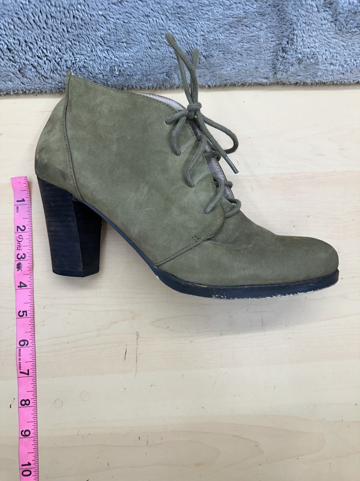 Lands' End Olive Green Suede Ankle Boots with Block Heel and Lace Up Design