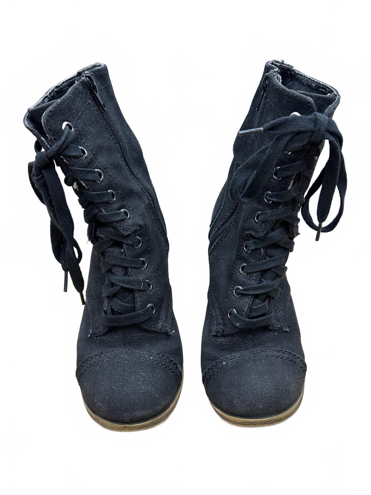 Rock & Candy Black Lace Up Ankle Combat Boots with Block Heel Vintage Style