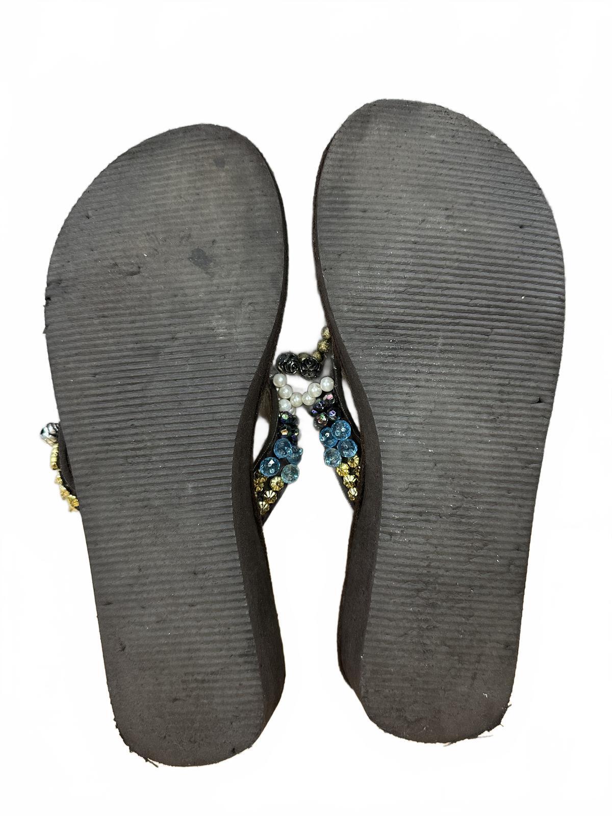 Bohemian Platform Beaded Flip Flop Sandals Brown Multicolor Floral Y2K