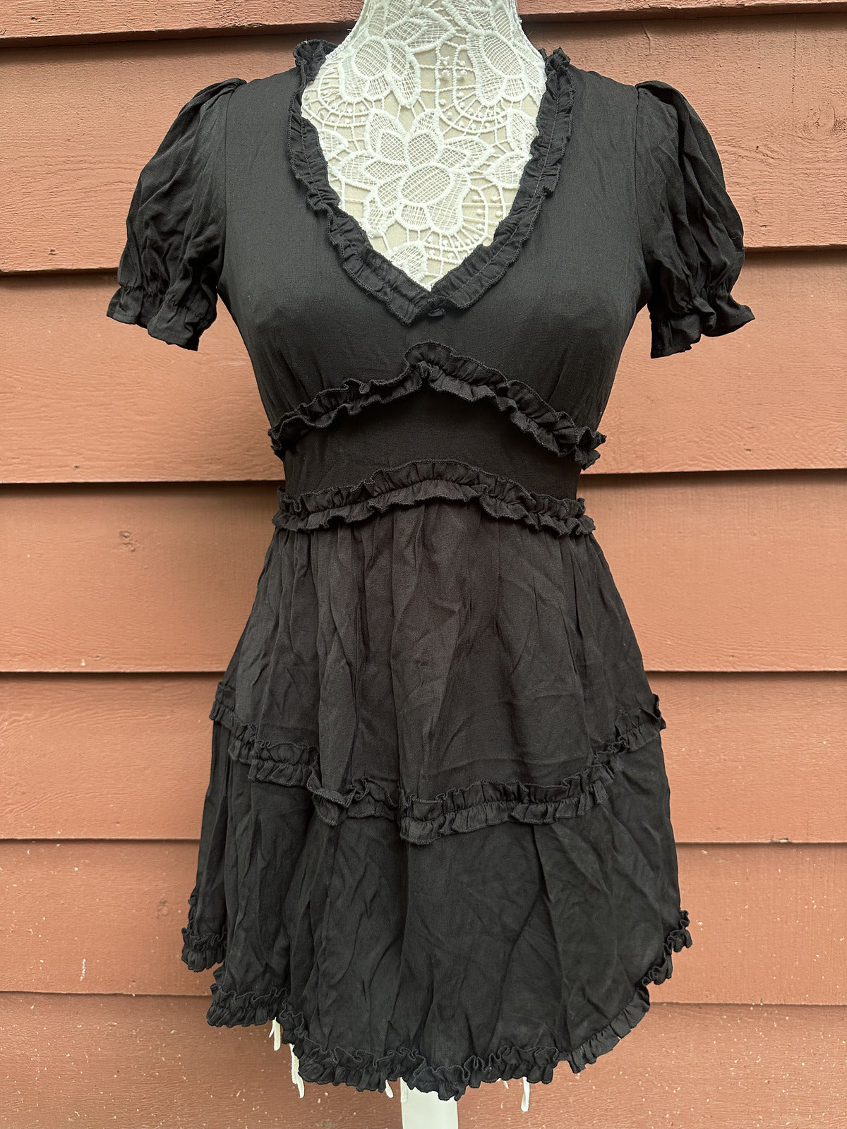 Francesca's Black Ruffle Tiered Dress Feminine Puff Sleeve Coquette