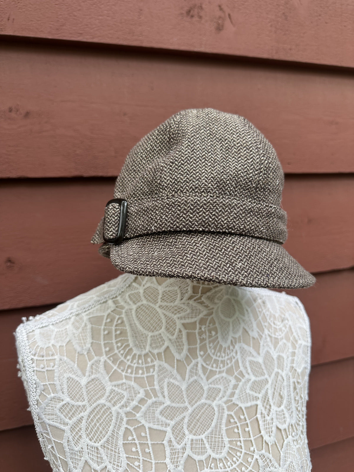 Vintage Brown Tweed Wool Cloche Hat with Buckle Detail