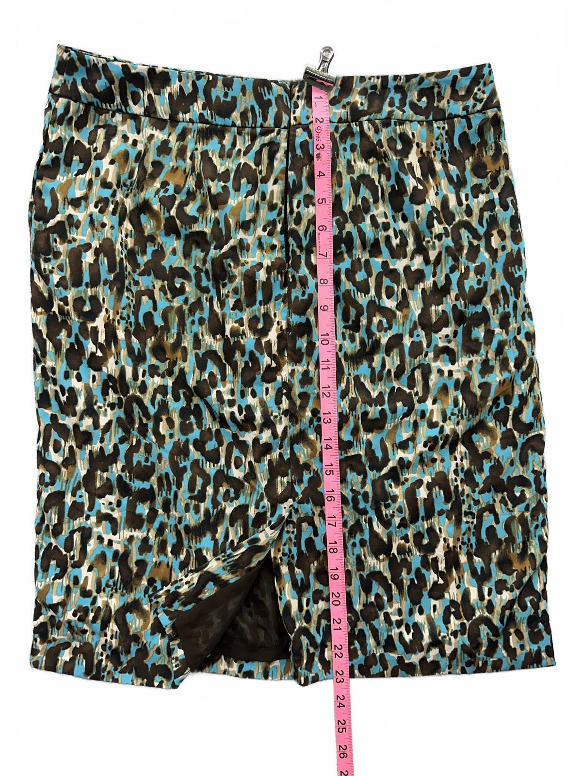 Ellen Tracy Leopard Print Midi Skirt Blue Brown Black Animal Print
