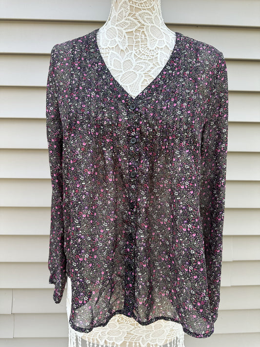 Akris Black Floral Sheer Button Up Blouse Vintage Romantic