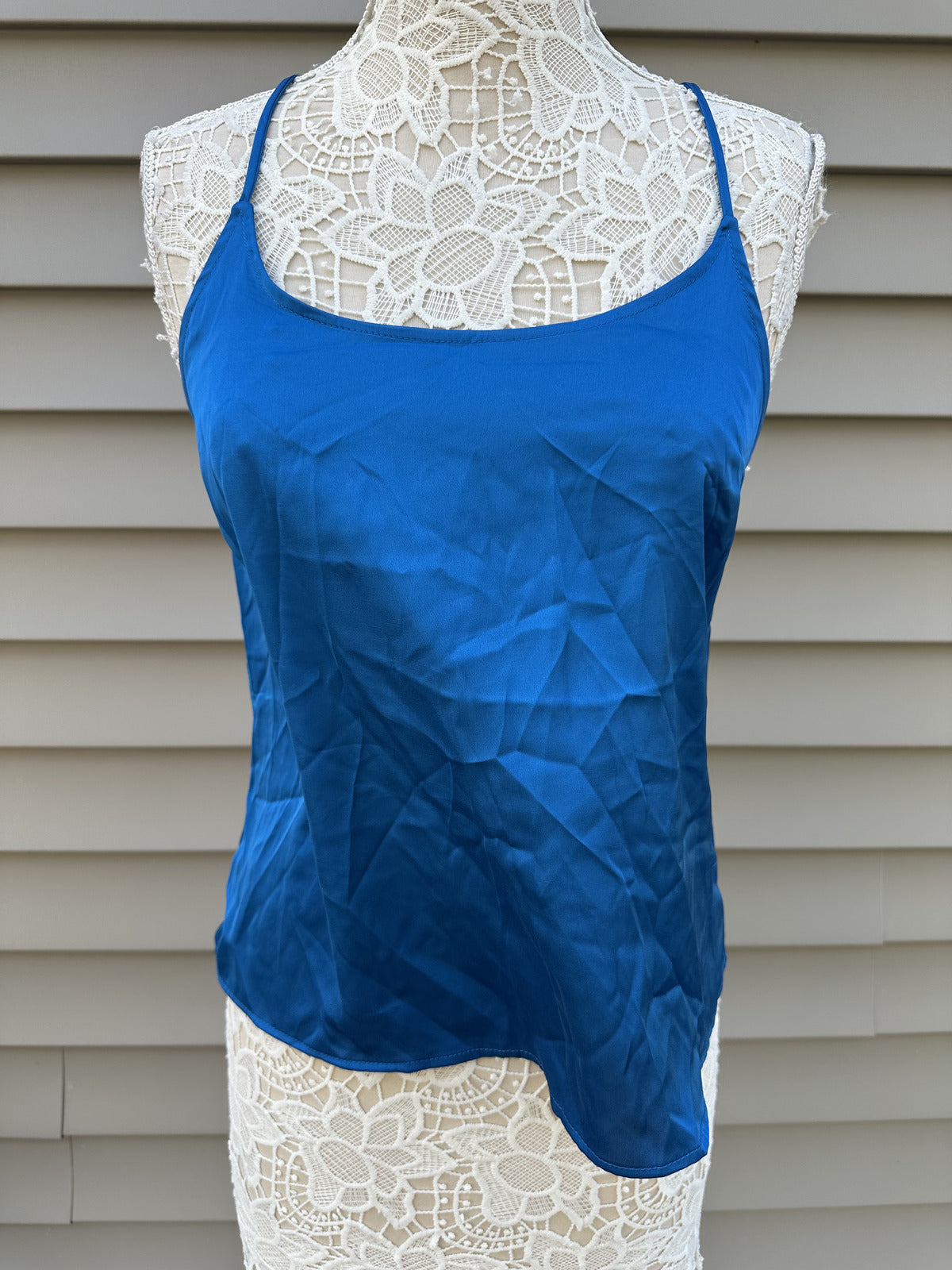 Blue Satin Cami Top Racerback Adjustable Straps Minimalist Summer Tank