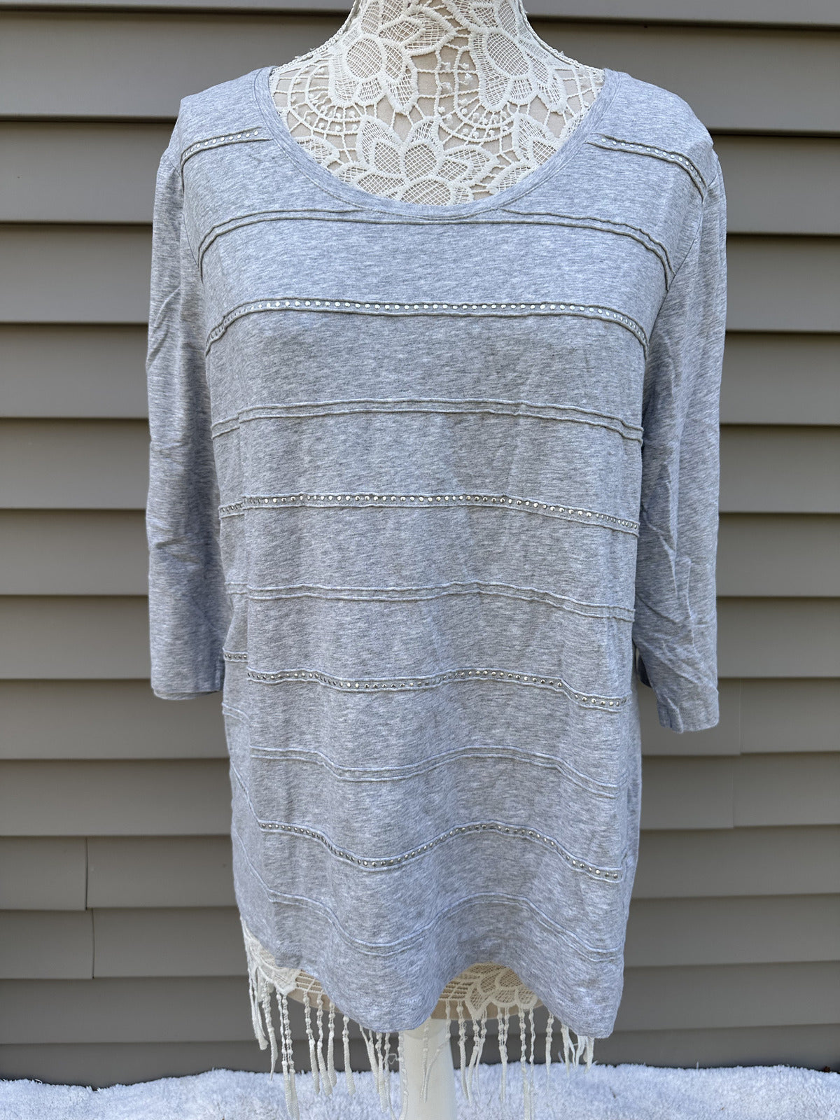 CJ Banks Light Gray Tunic Top Casual 3/4 Sleeve