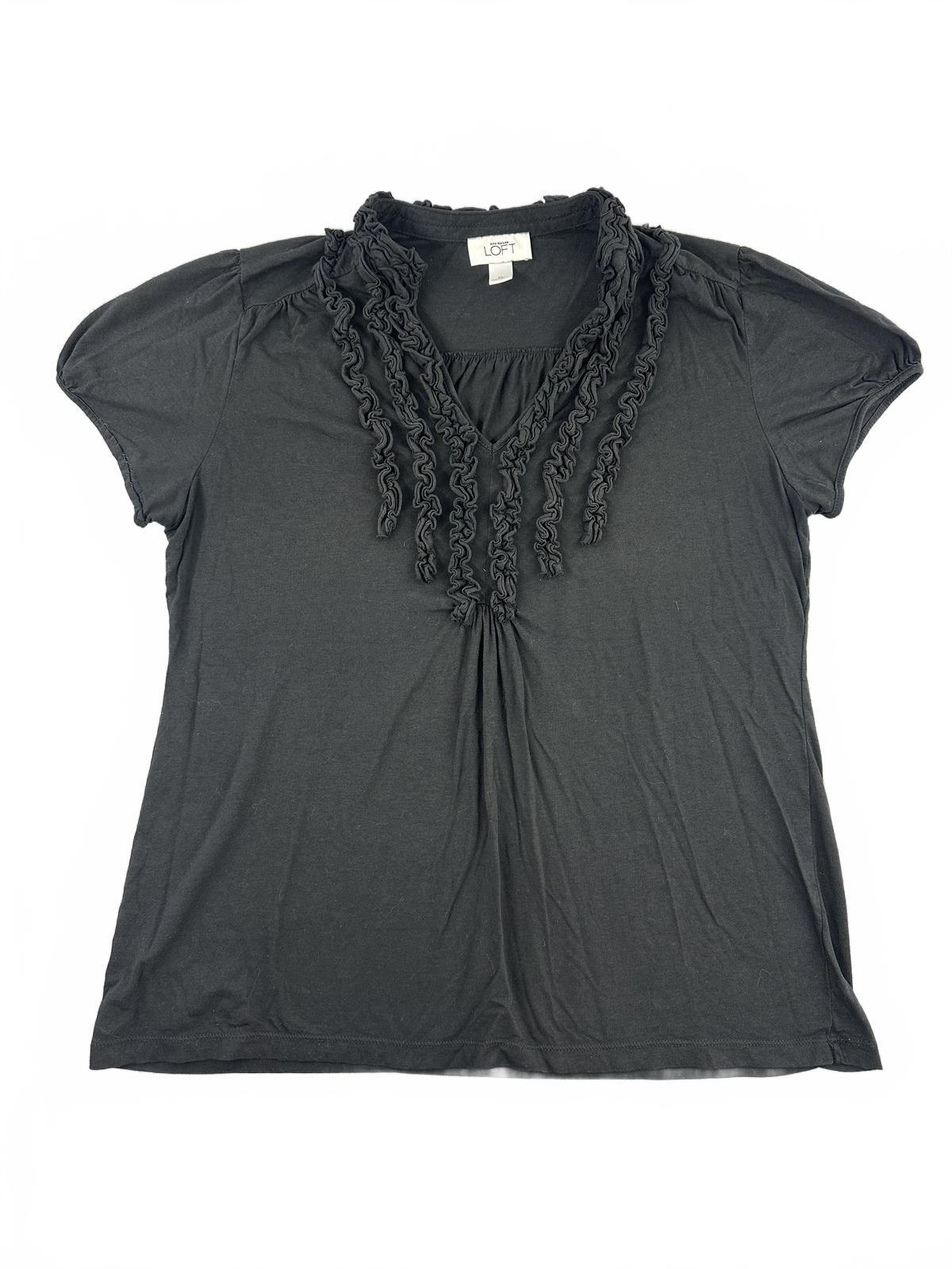 Ann Taylor LOFT Black Ruffle V-Neck Short Sleeve Top Feminine Casual Style