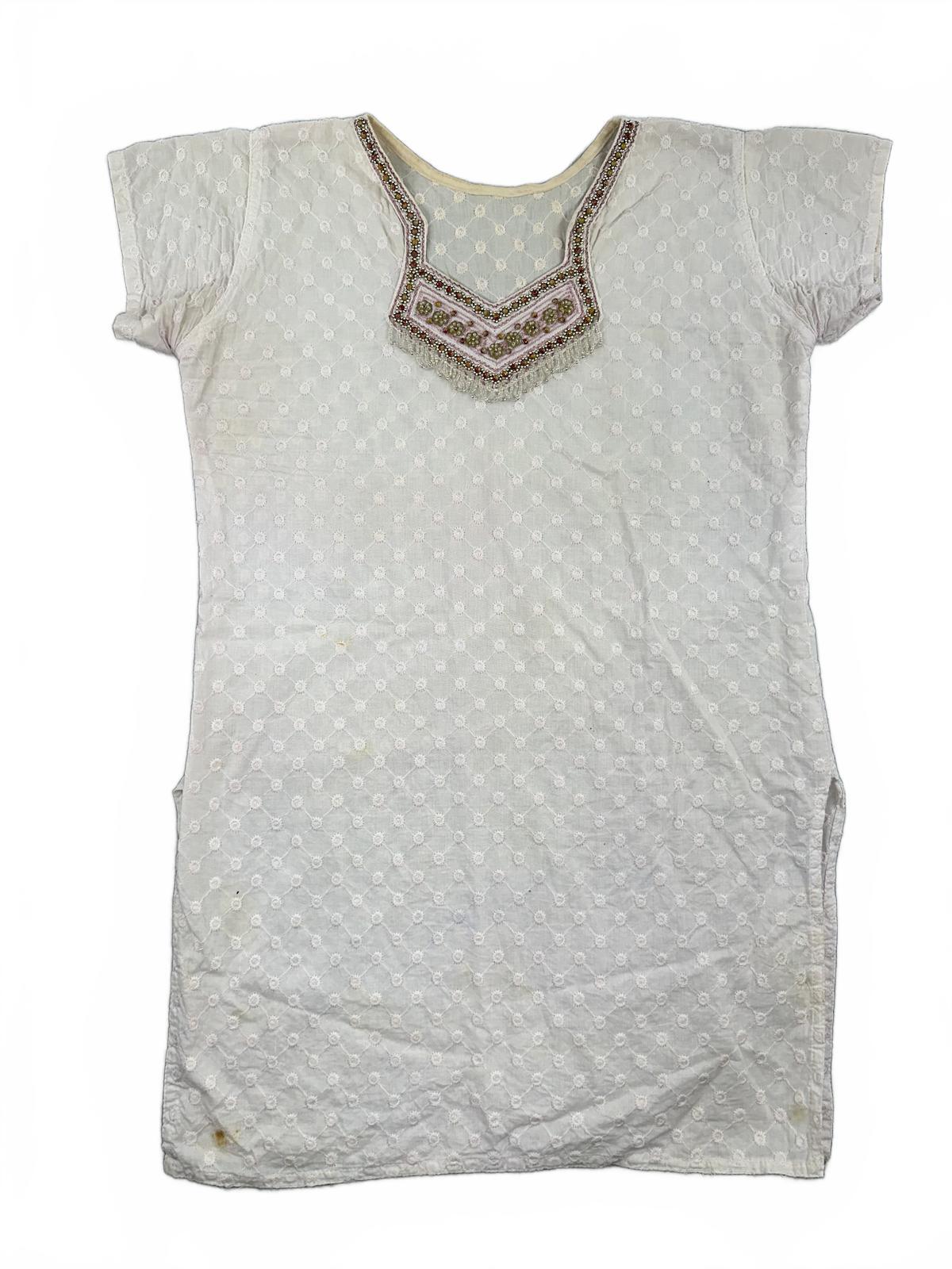Vintage Baby Pink Embroidered Bohemian Tunic Dress with Beaded Neck