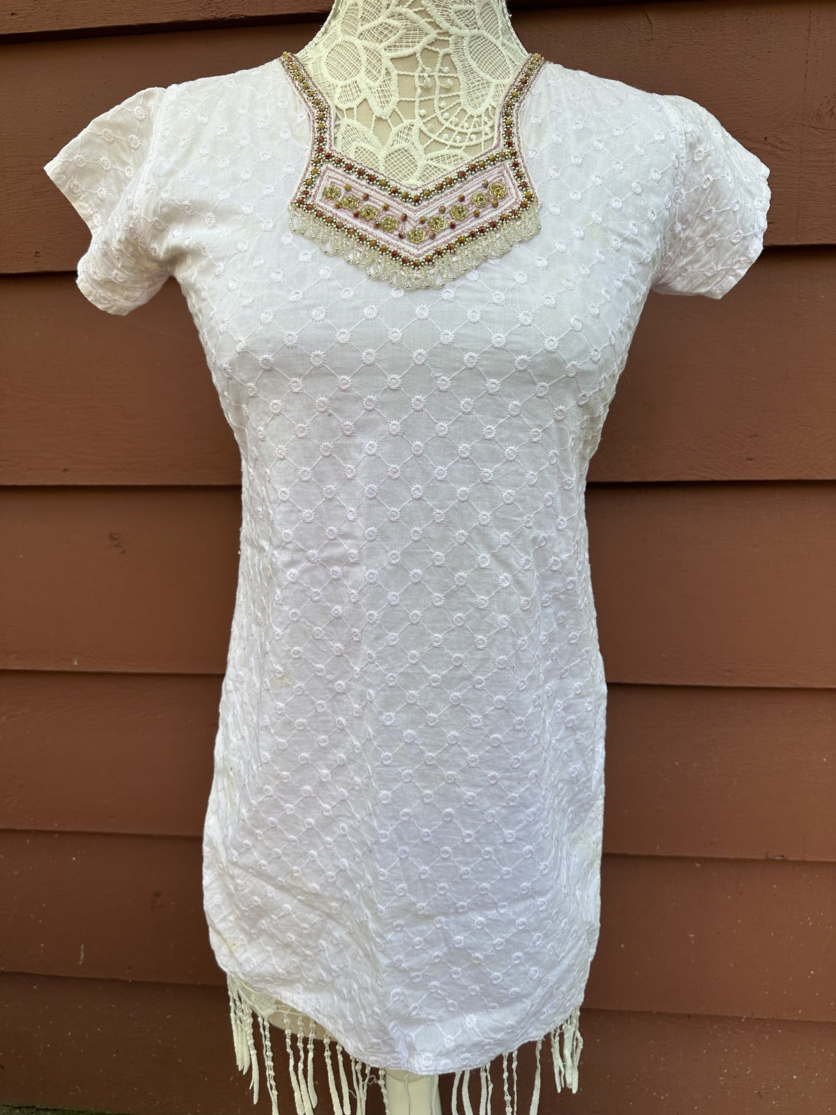 Vintage Baby Pink Embroidered Bohemian Tunic Dress with Beaded Neck