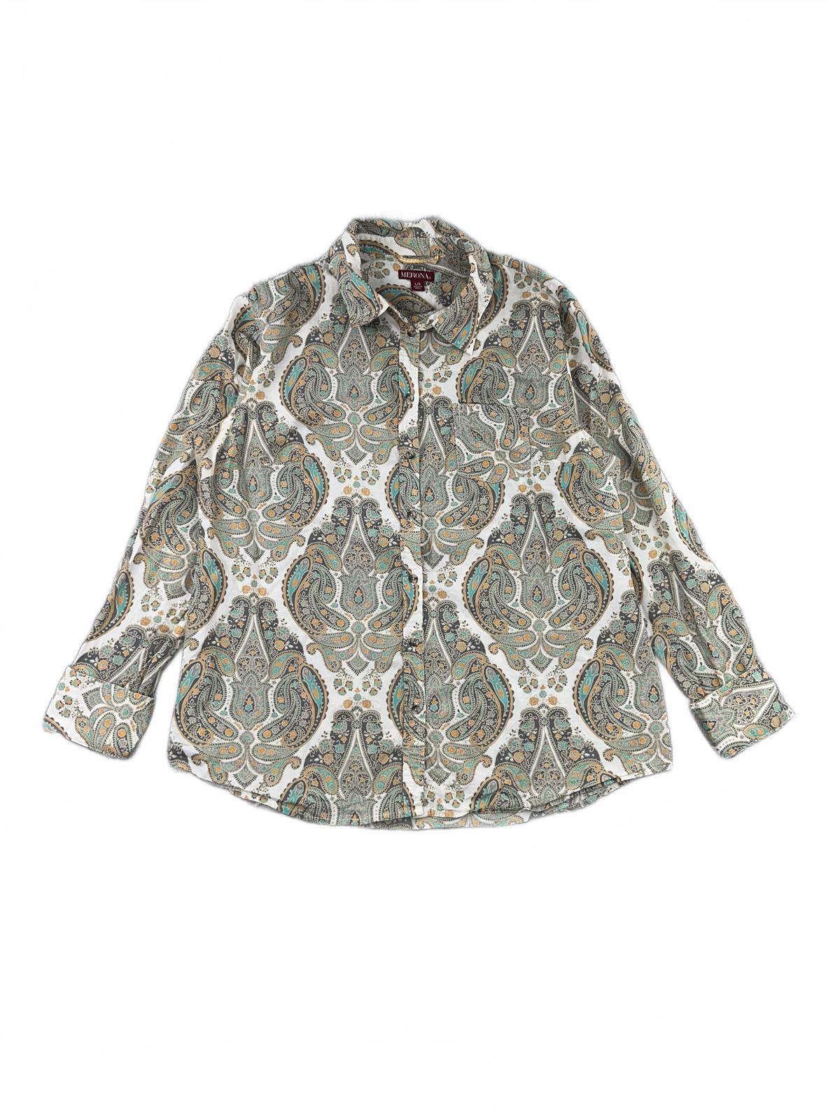 Merona Paisley Button Up Shirt in Beige and Green Vintage Bohemian
