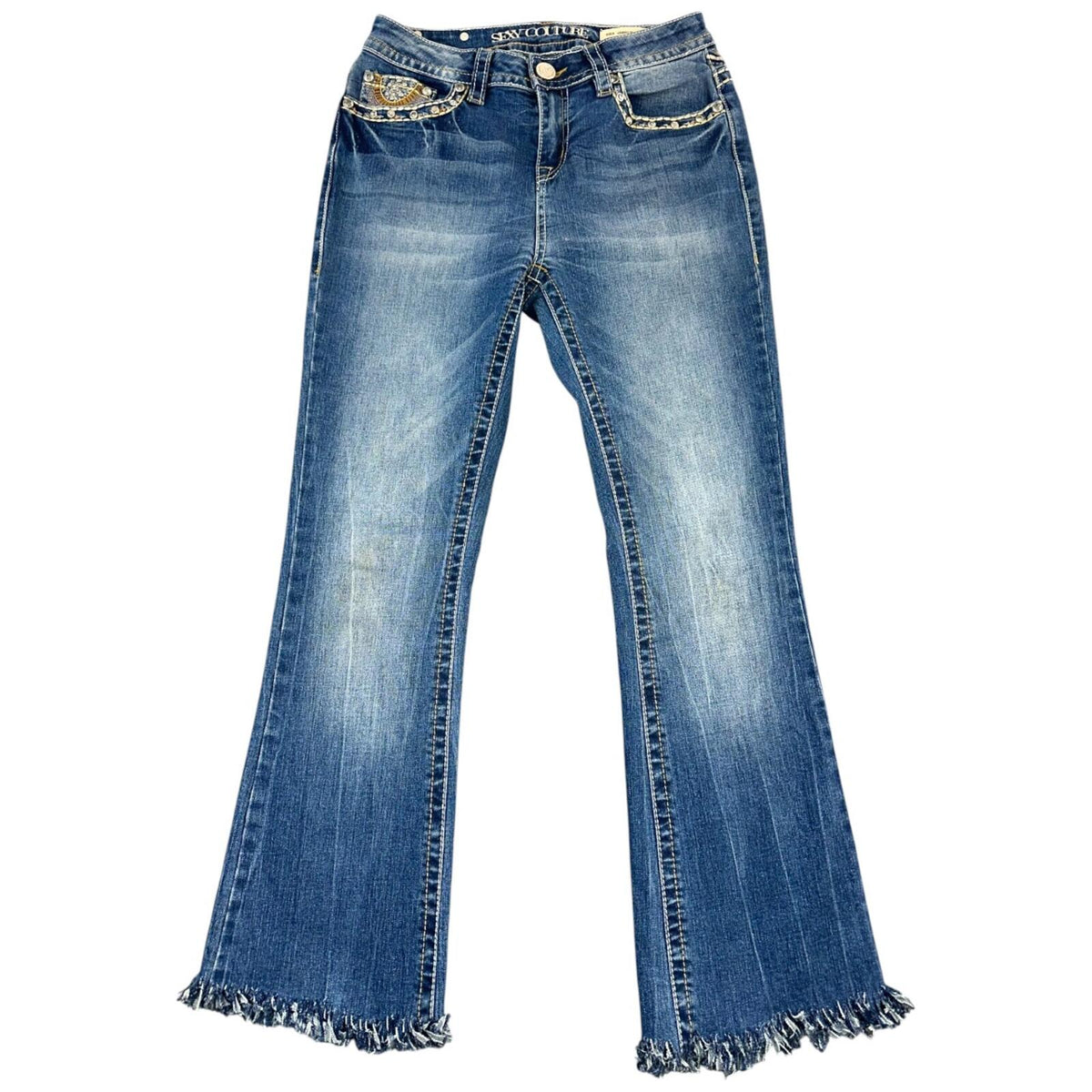 Sexy Couture Blue Embroidered Flare Jeans with Raw Fringe Hem Y2K Western