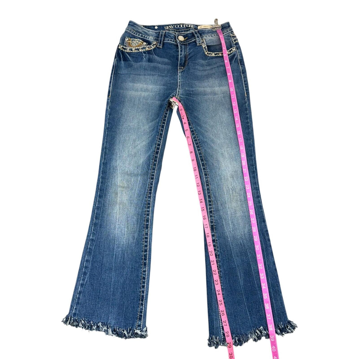 Sexy Couture Blue Embroidered Flare Jeans with Raw Fringe Hem Y2K Western