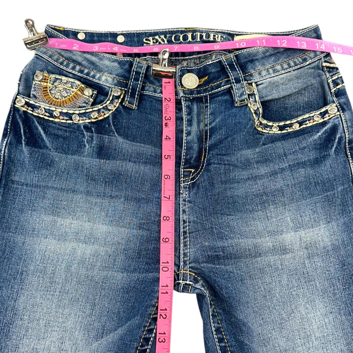 Sexy Couture Blue Embroidered Flare Jeans with Raw Fringe Hem Y2K Western