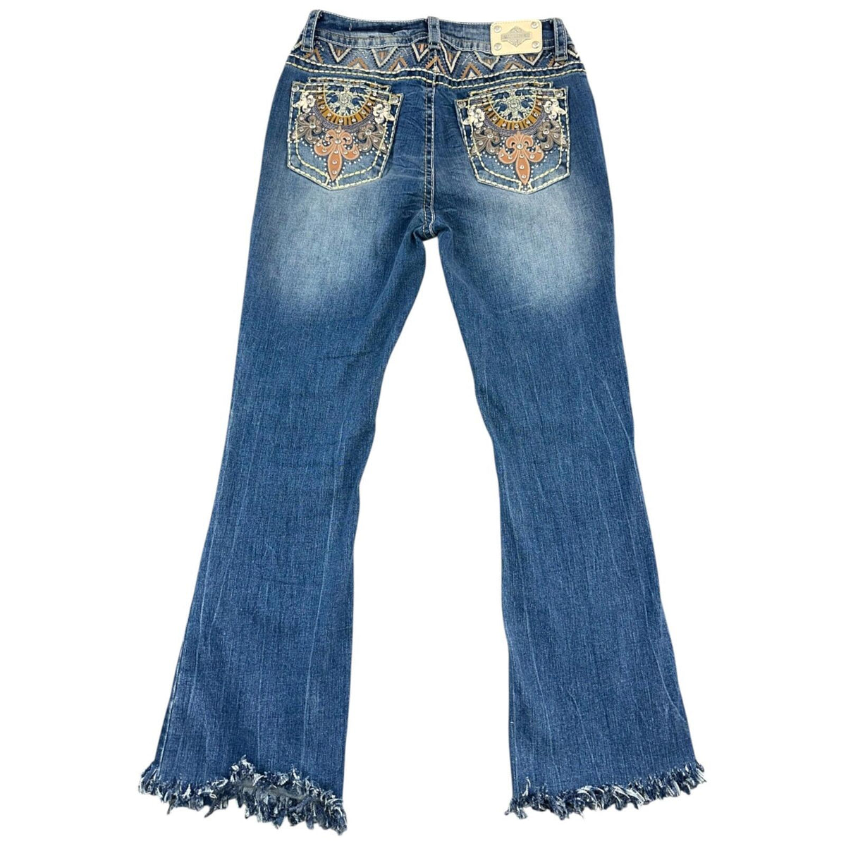 Sexy Couture Blue Embroidered Flare Jeans with Raw Fringe Hem Y2K Western