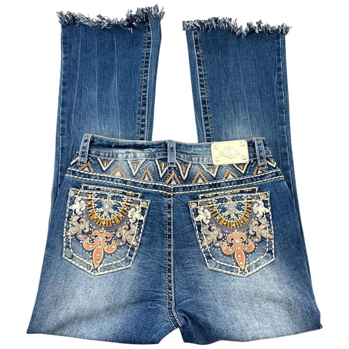 Sexy Couture Blue Embroidered Flare Jeans with Raw Fringe Hem Y2K Western