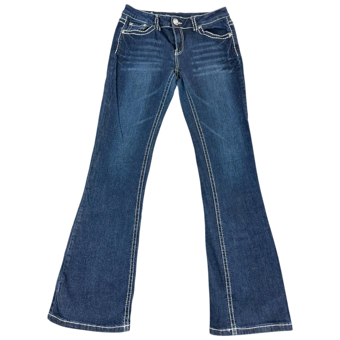 Denim Couture Blue Flare Jeans with Fleur de Lis Embroidered Pockets