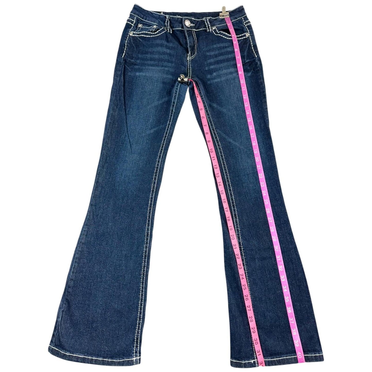 Denim Couture Blue Flare Jeans with Fleur de Lis Embroidered Pockets