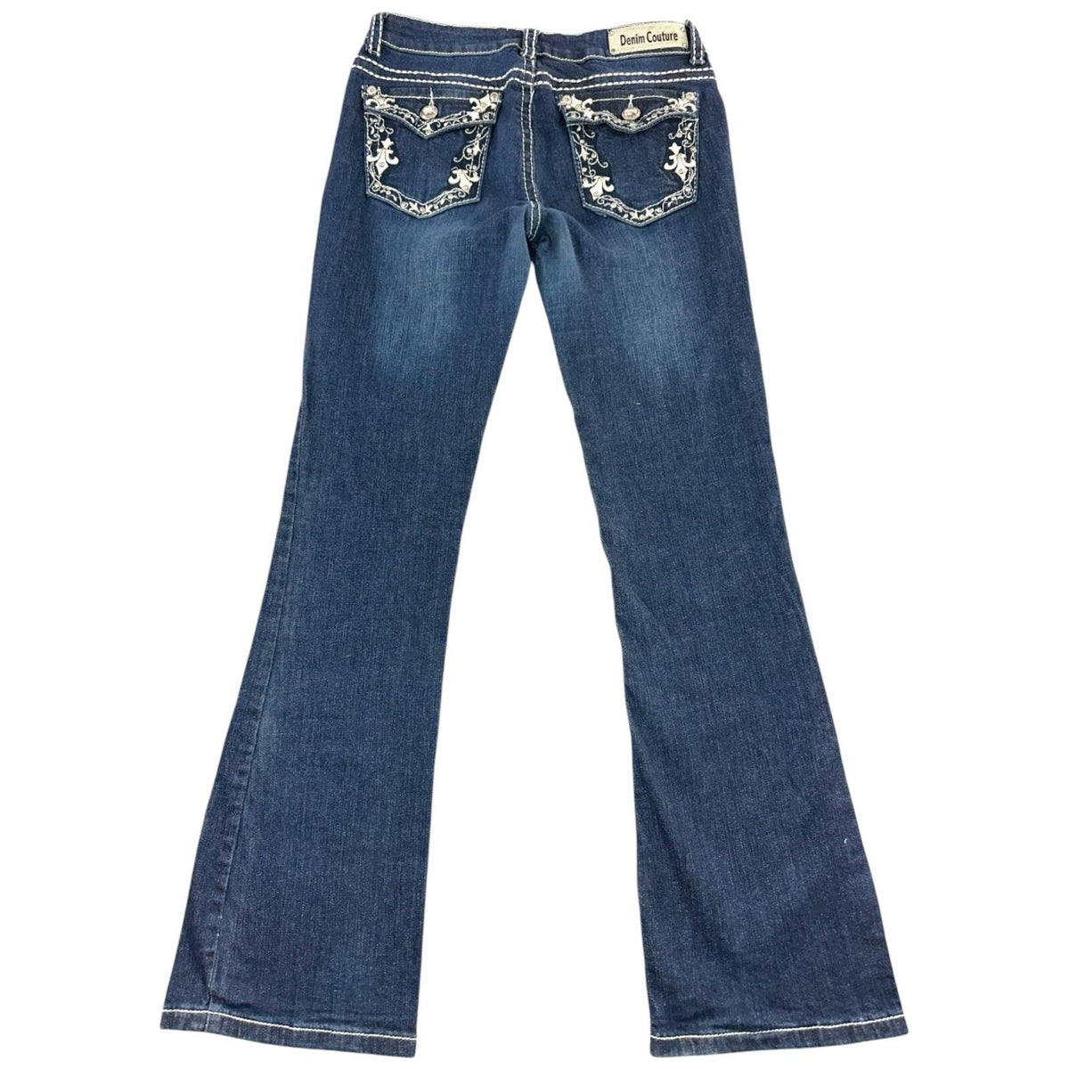 Denim Couture Blue Flare Jeans with Fleur de Lis Embroidered Pockets