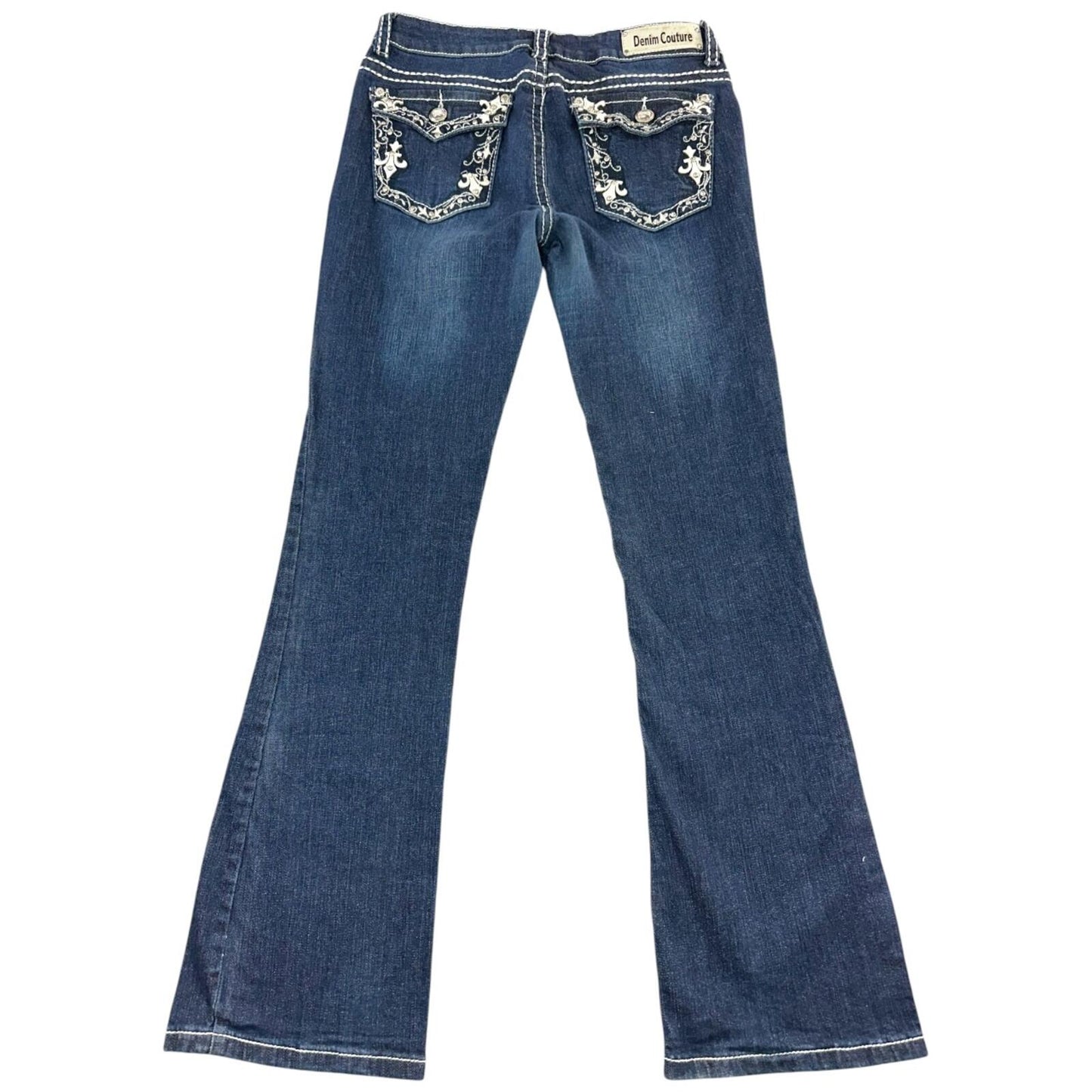 Denim Couture Blue Flare Jeans with Fleur de Lis Embroidered Pockets
