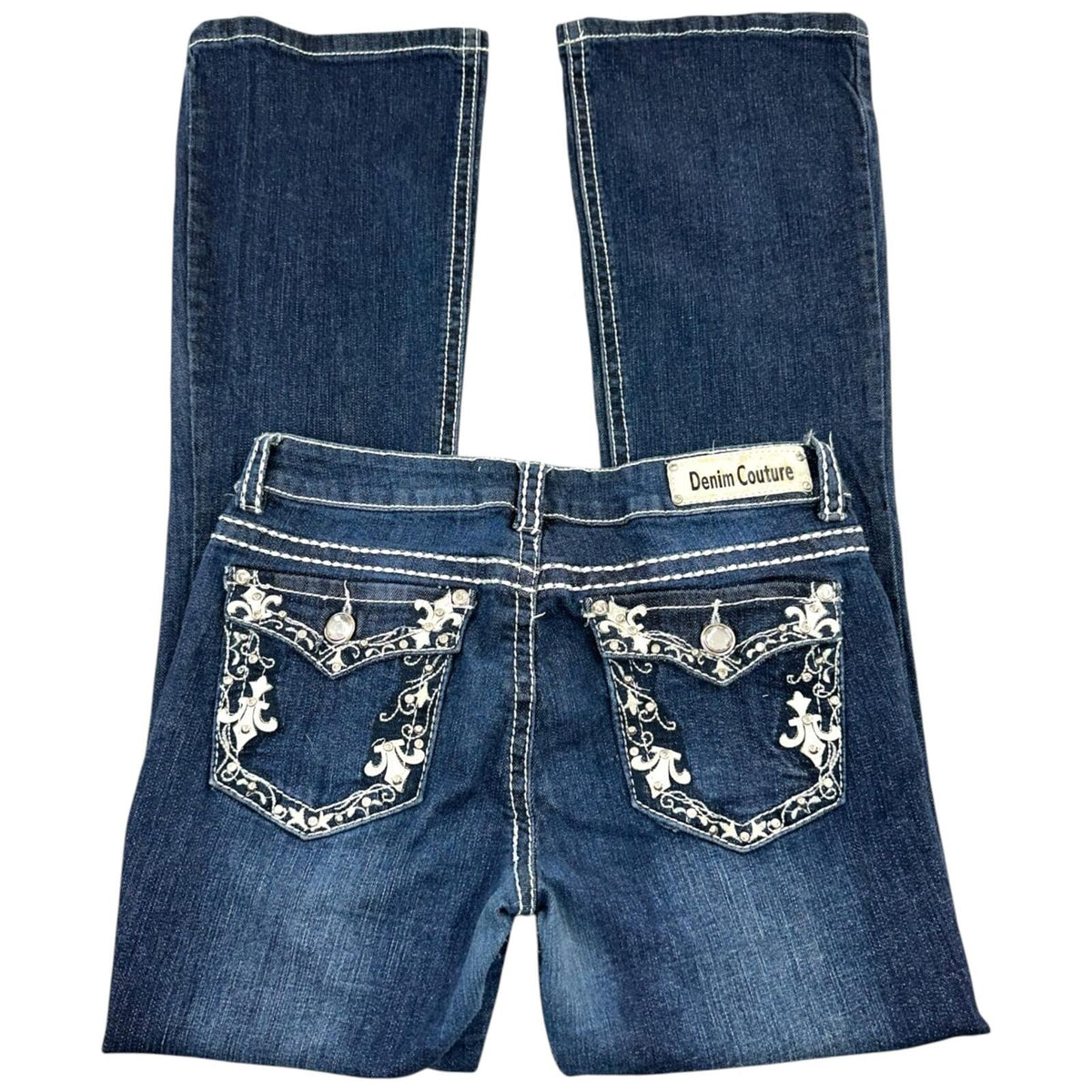 Denim Couture Blue Flare Jeans with Fleur de Lis Embroidered Pockets