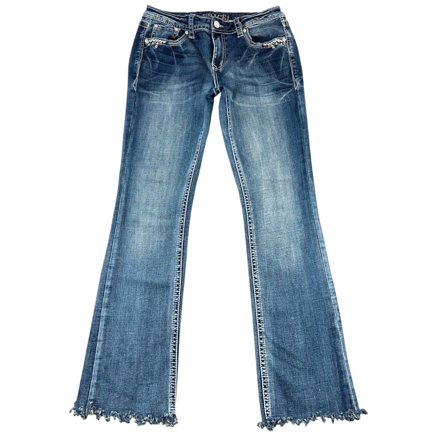 Grace In LA Embroidered Blue Flare Jeans with Crystal