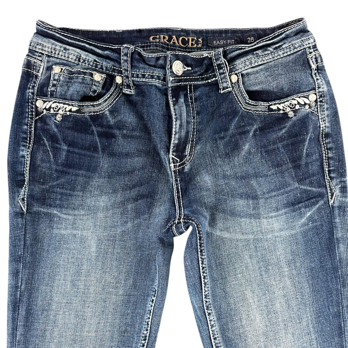 Grace In LA Embroidered Blue Flare Jeans with Crystal