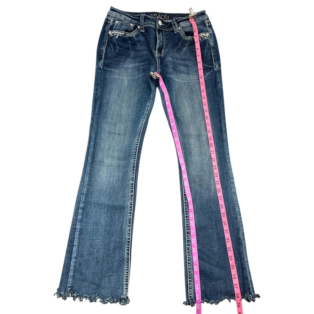 Grace In LA Embroidered Blue Flare Jeans with Crystal
