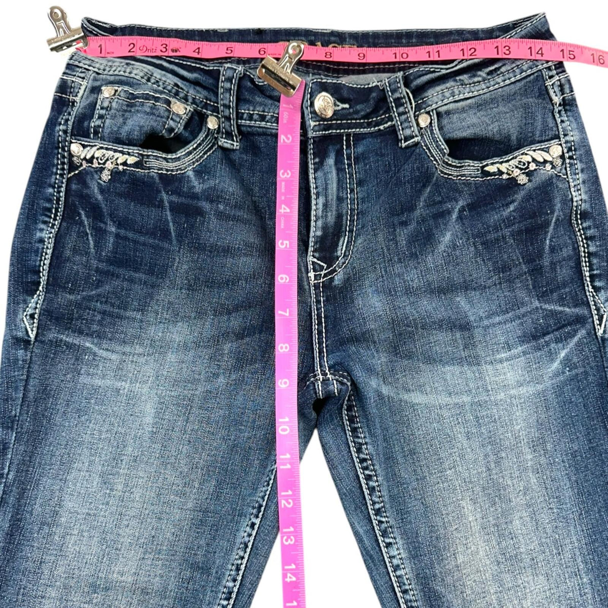 Grace In LA Embroidered Blue Flare Jeans with Crystal