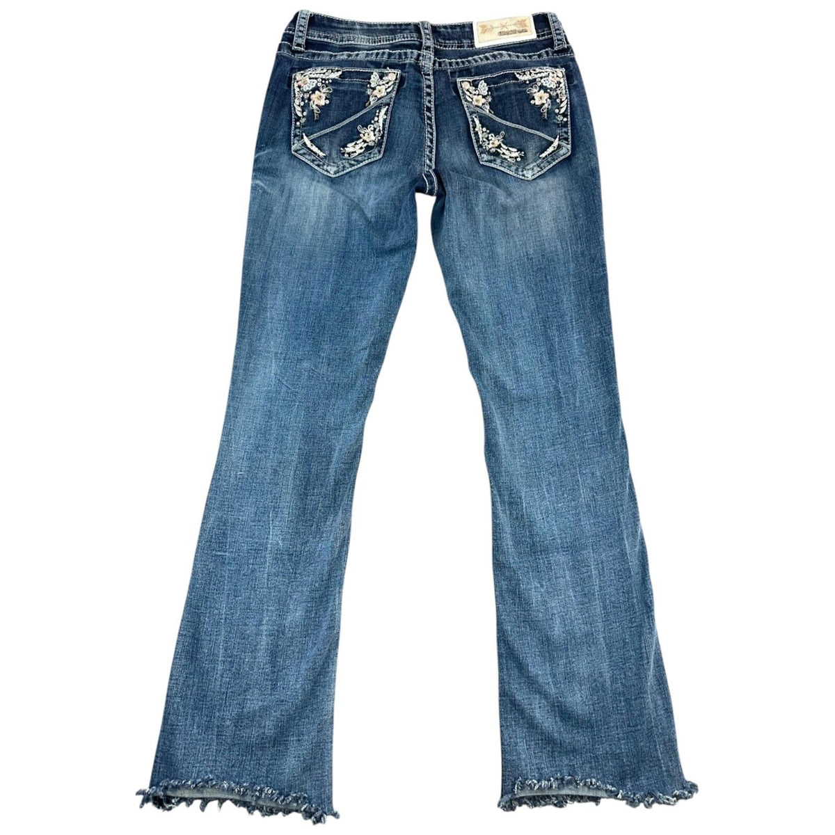 Grace In LA Embroidered Blue Flare Jeans with Crystal