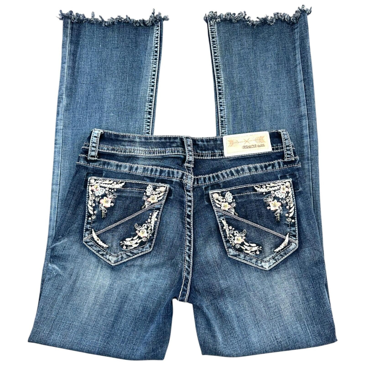 Grace In LA Embroidered Blue Flare Jeans with Crystal