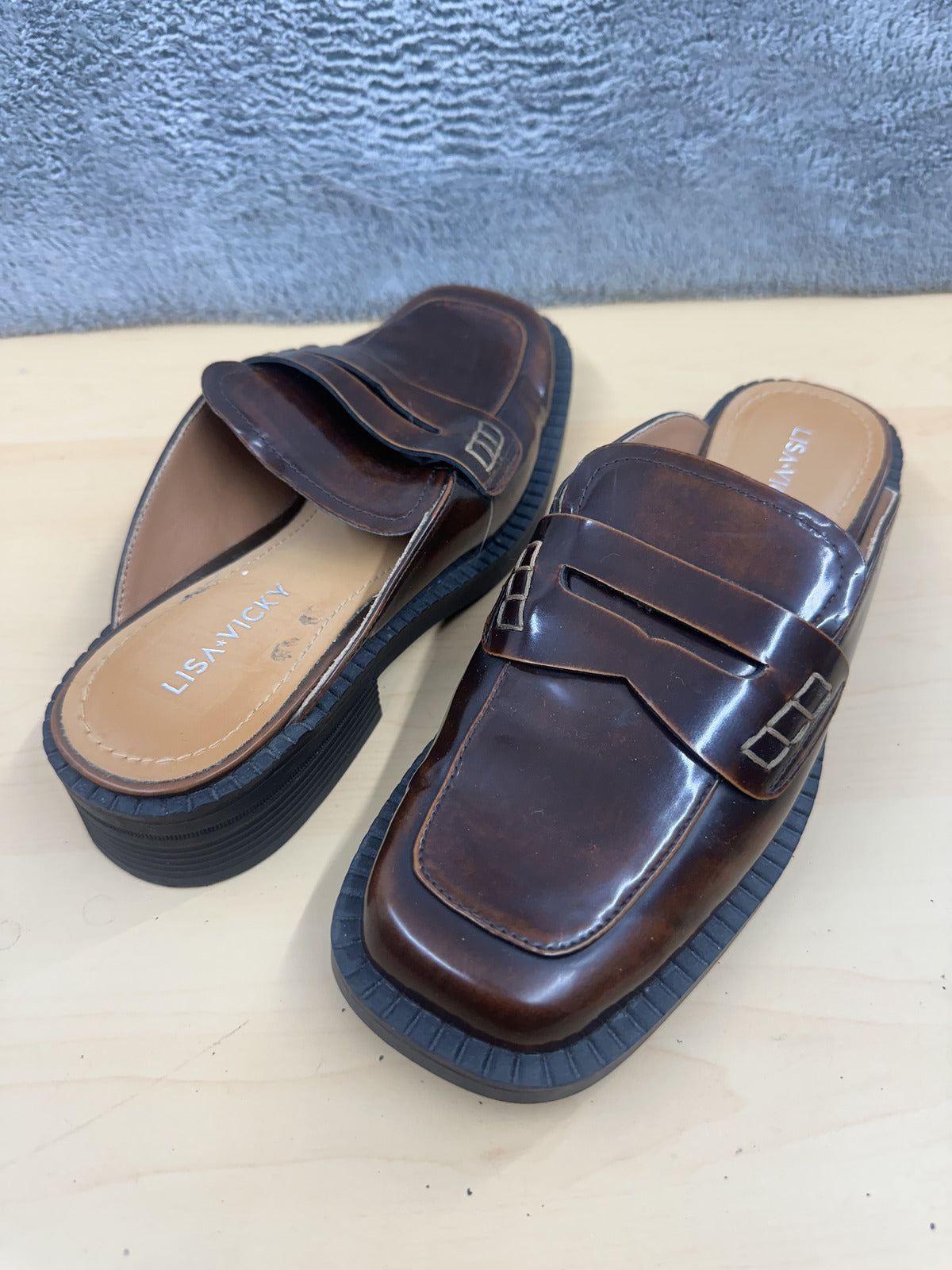 Lisa Vicky Brown Leather Slip On Loafers Classic Contemporary Square Toe Mules