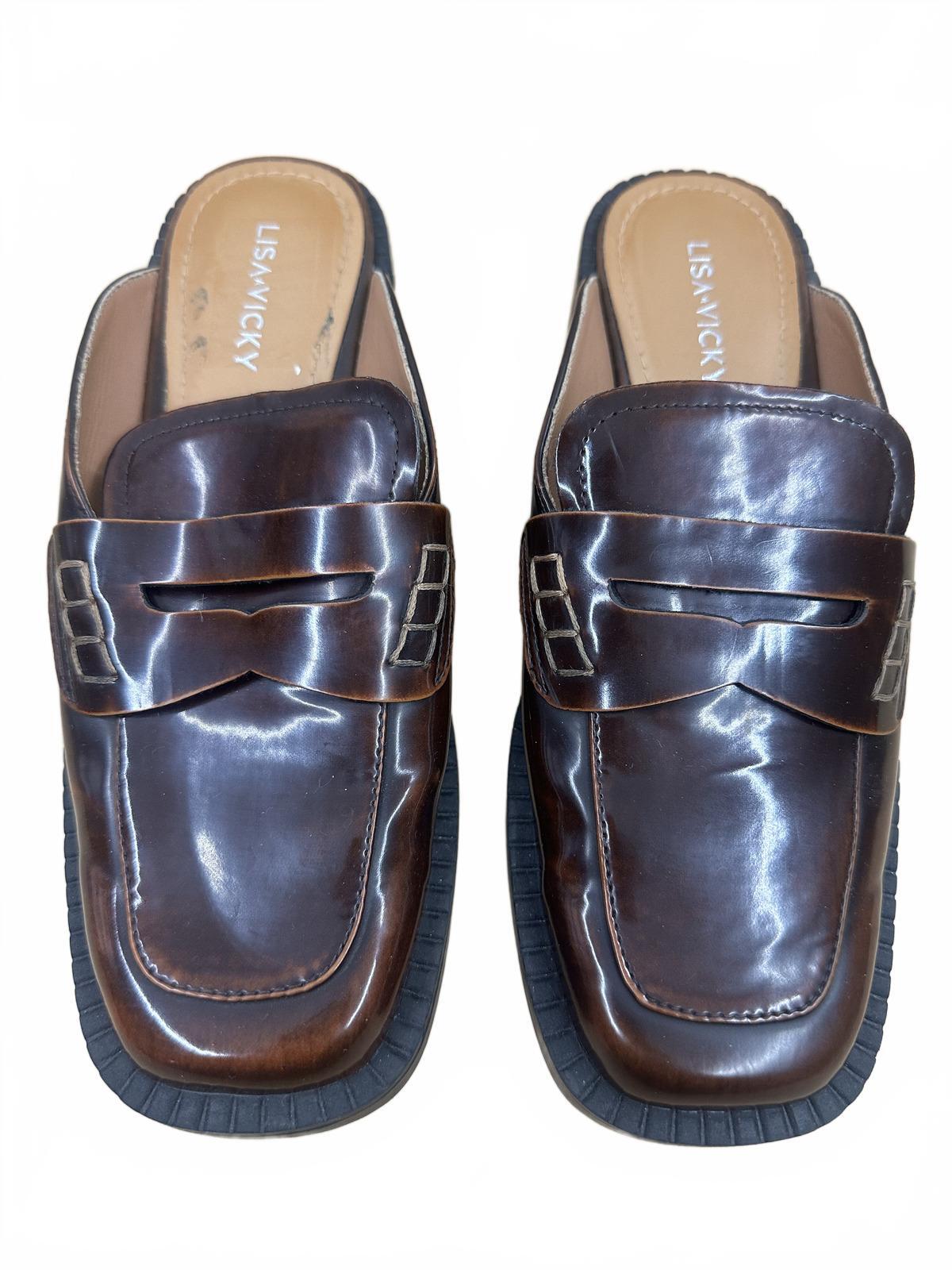 Lisa Vicky Brown Leather Slip On Loafers Classic Contemporary Square Toe Mules