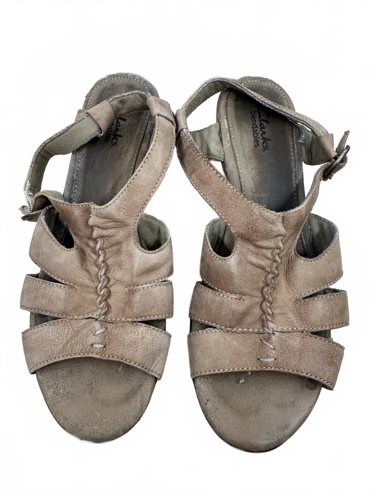 Clarks Taupe Leather Slingback Wedge Sandals Casual Summer Bohemian