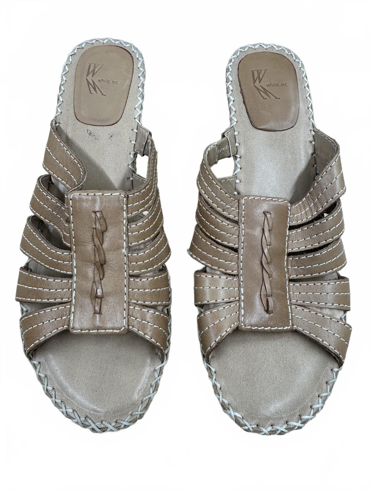 White Mountain Tan Leather Strappy Sandals with White Stitching