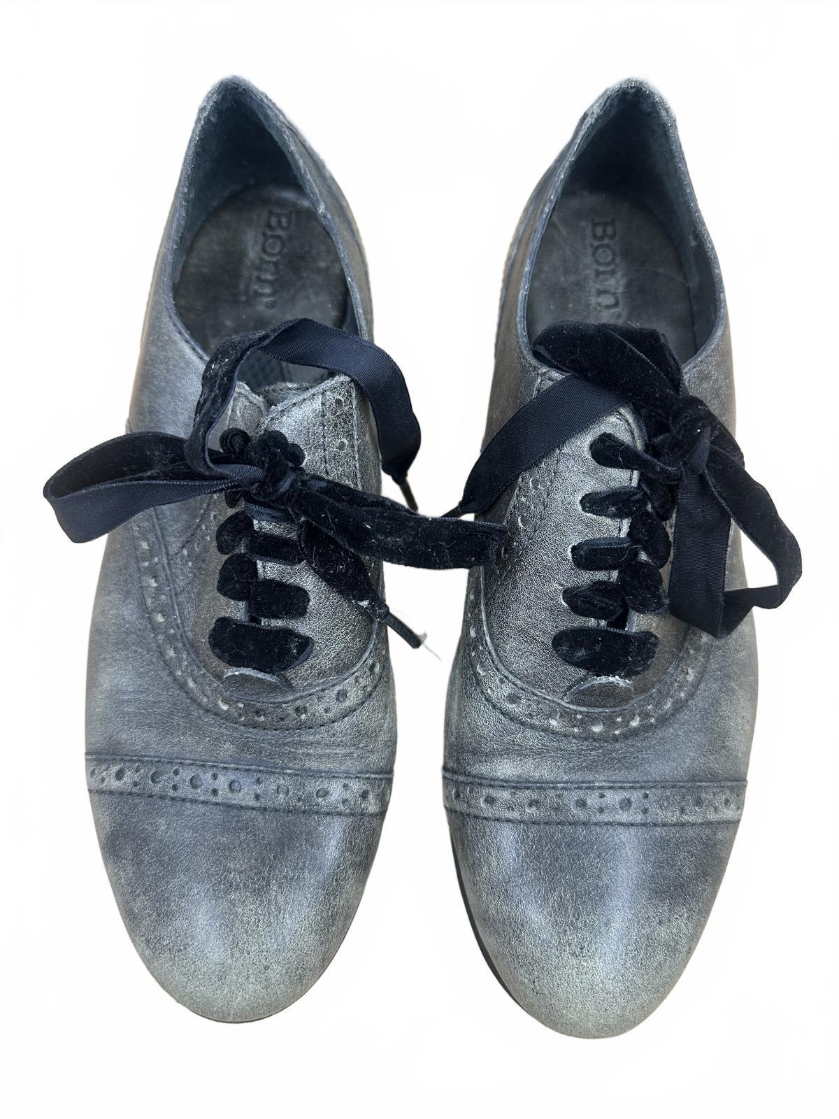 Born Vintage Style Gray Leather Oxford Shoes with Velvet Ribbon Laces