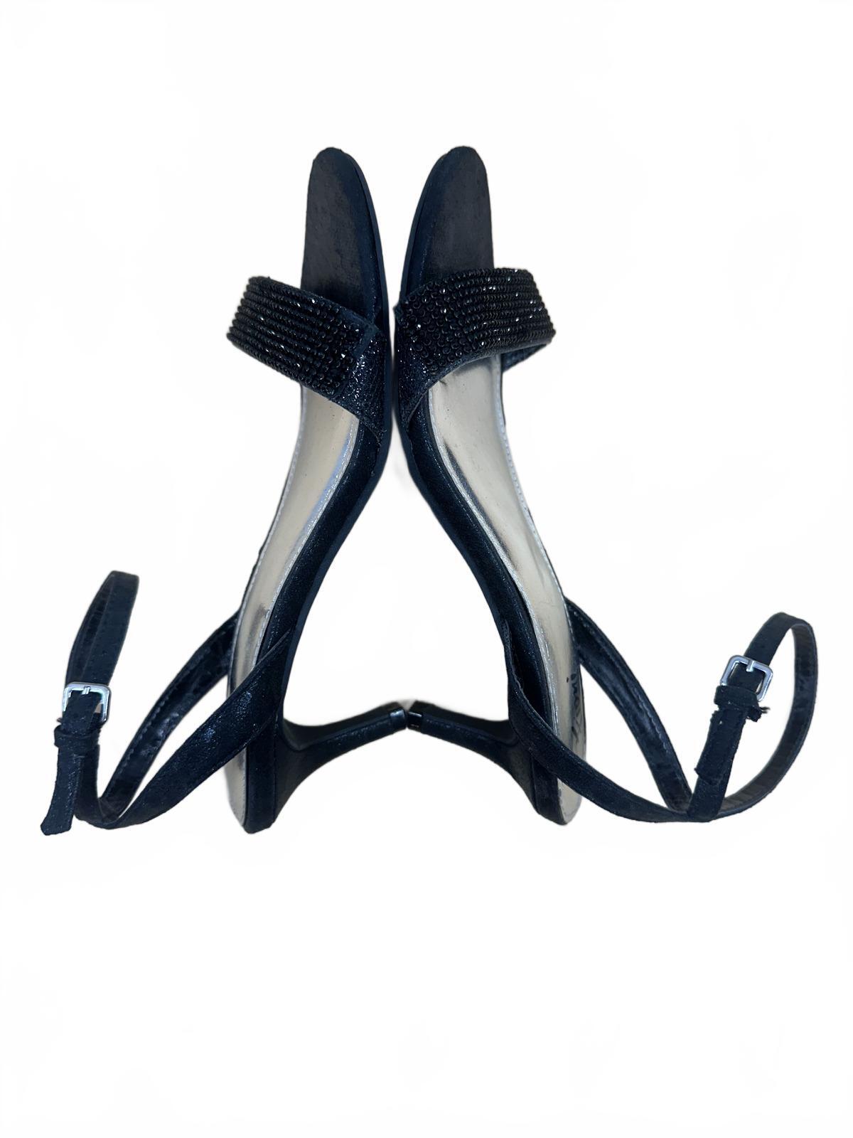 FIONI Black Beaded Ankle Strap Heeled Sandals Elegant Formal Party Shoes