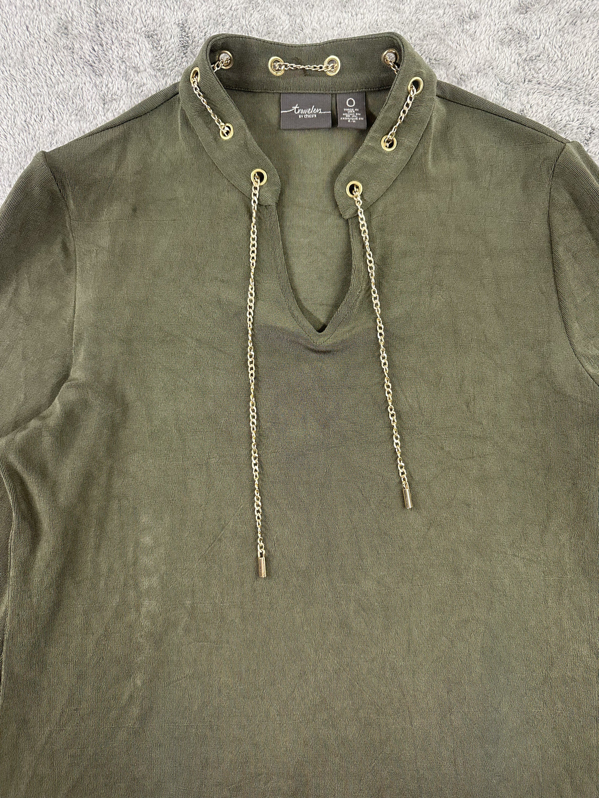 Chico's Travelers Olive Green Tunic with Gold Chain Detail Casual