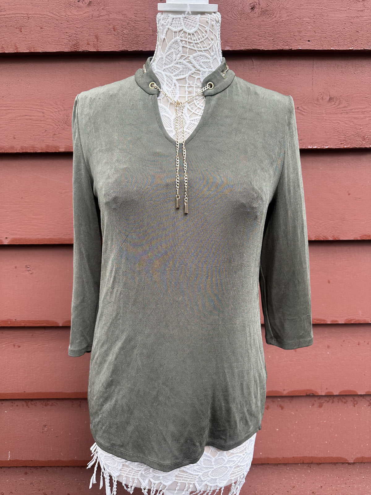 Chico's Travelers Olive Green Tunic with Gold Chain Detail Casual