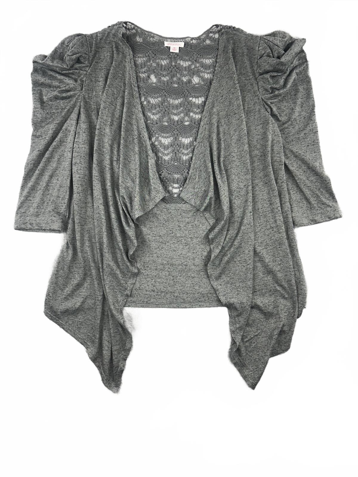 Xhilaration Gray Lace Back Open Front Cardigan with Puff Sleeves Feminine