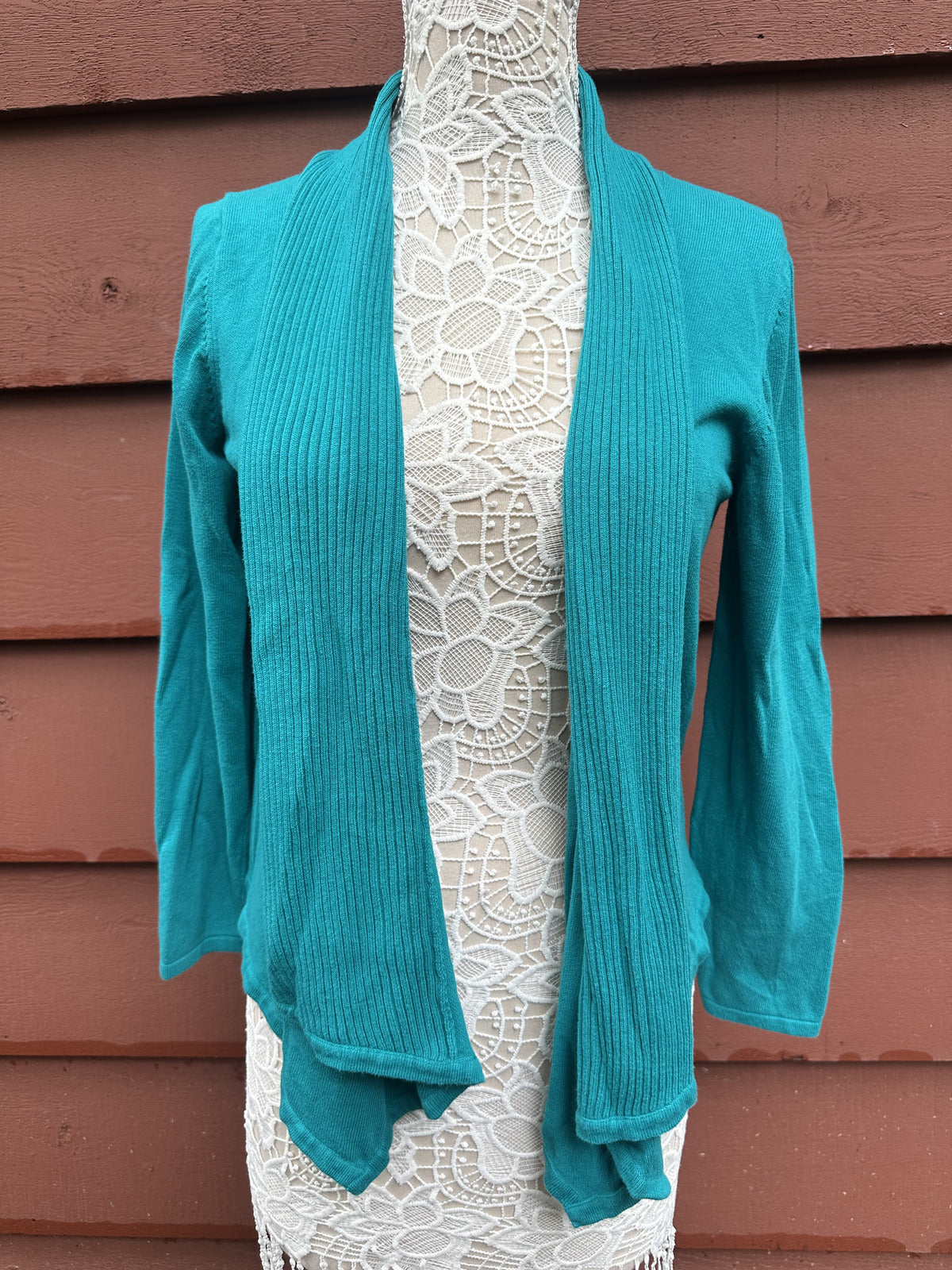 Fever Teal Open Front Cardigan Sweater Ribbed Shawl Collar Y2K Casual