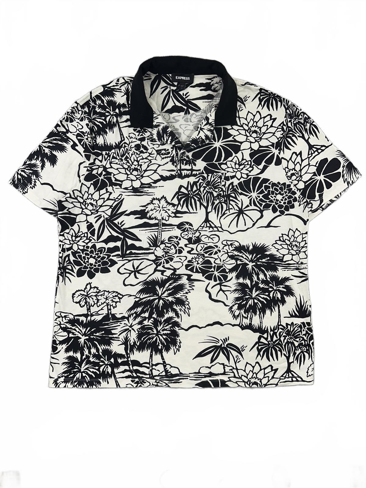 Express Black and White Tropical Print Polo Shirt
